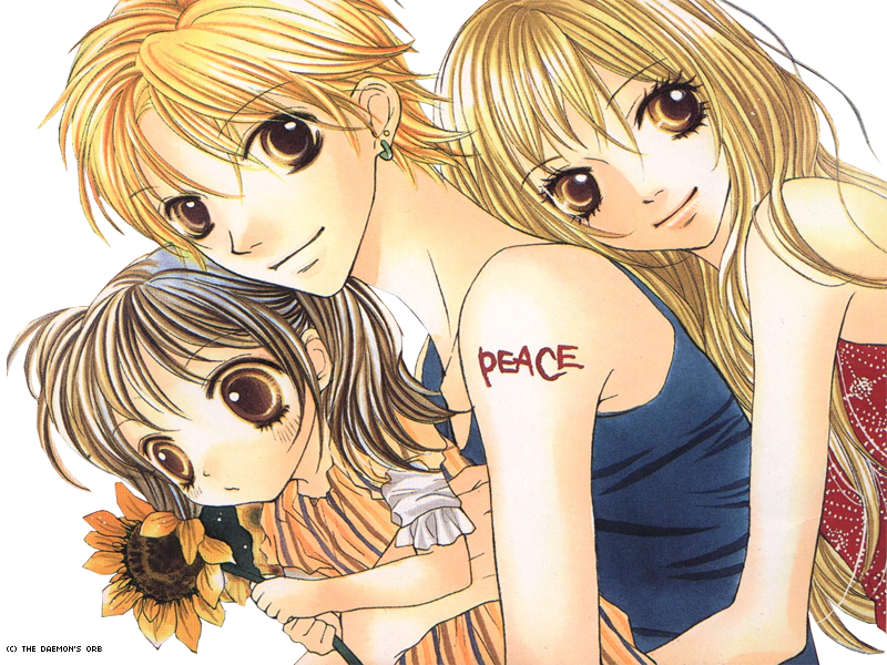 aishiteruze_baby, blonde_hair, brown_hair, couple, dress, flower, group, katakura_kippei, long_hair, sakashita_yuzuyu, short_hair, smile, tattoo, tokunaga_kokoro, white