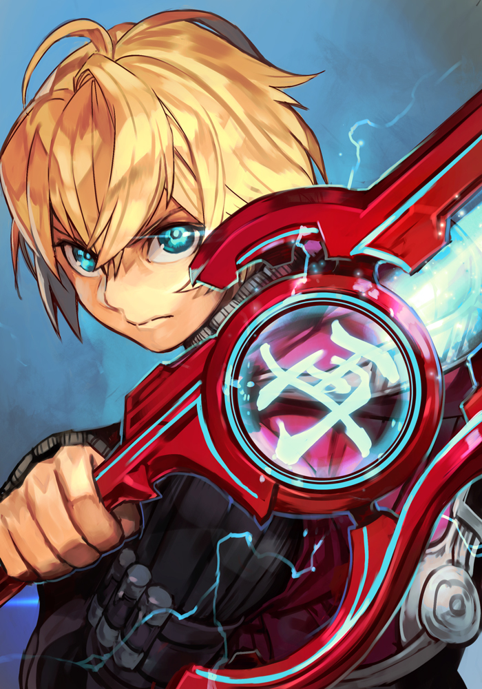 1boy, ahoge, blonde_hair, blue_eyes, energy_sword, glowing, glowing_eyes, hankuri