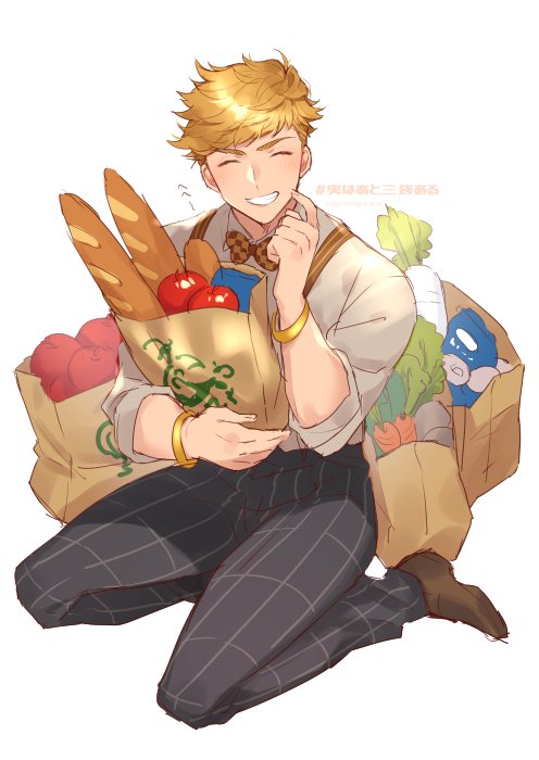 1boy, apple, bag, baguette, bangs, bara, blonde_hair, blush