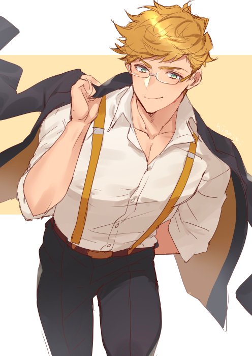 1boy, alternate_costume, bangs, bara, belt, blonde_hair, blush, chest