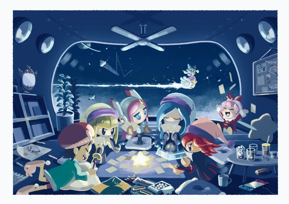 1boy, 1other, 6+girls, adeleine, animal_slippers, beret, black_hair, blonde_hair