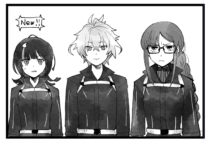 1boy, 2girls, ahoge, black_border, border, braid, consort_yu_(fate), earrings