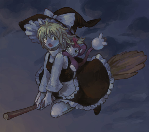 1girl, :o, aipom, bad_id, blonde_hair, broom, broom_riding, brown_eyes