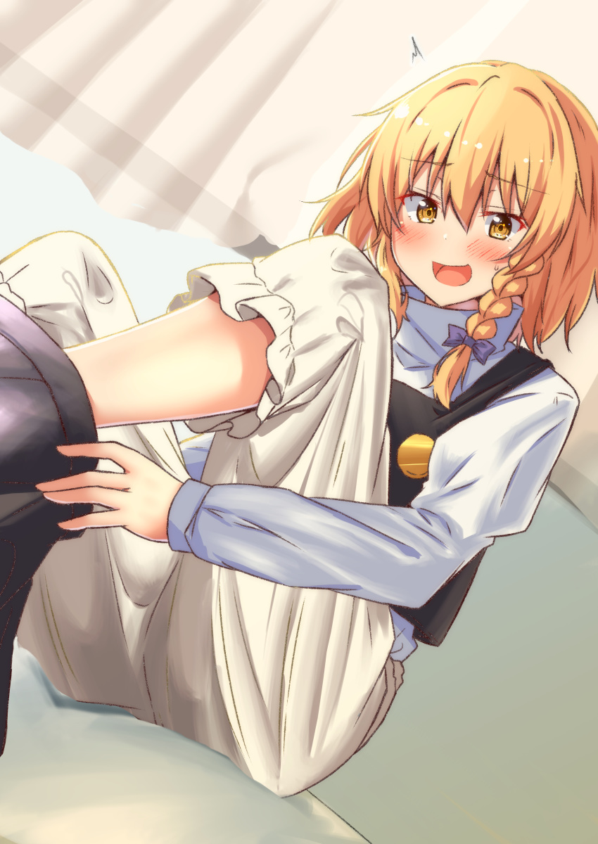 1girl, absurdres, alternate_hair_length, alternate_hairstyle, black_vest, blonde_hair, bloomers, blush