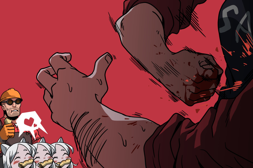 2boys, 4girls, animal_ears, black_giraffe, blood, bloody_hands, blush_stickers, cerberus_(helltaker)