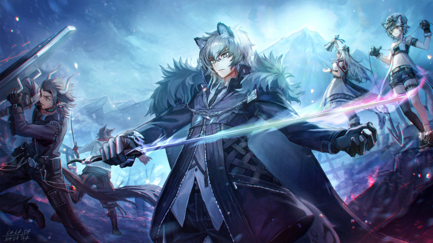 2girls, 3boys, animal_ears, arknights, bandeau, bell, black_cloak, black_jacket