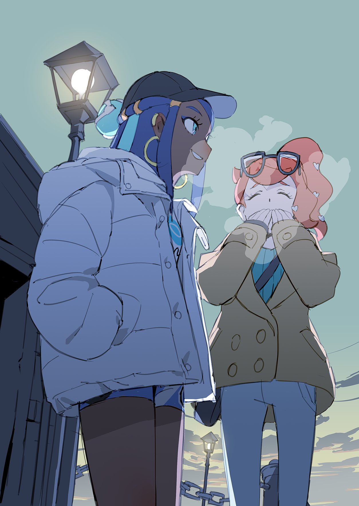 2girls, aqua_eyes, aqua_hair, aqua_shirt, bag, baseball_cap, bike_shorts, black_headwear, blue_hair, breath, brown_coat, chain, closed_eyes, clouds, cloudy_sky, coat, cold, commentary, cowboy_shot, dark_skin, earrings, eyelashes, grin, hair_bobbles, hair_ornament, hand_to_own_mouth, handbag, hands_in_pockets, hat, heart, heart_hair_ornament, highres, hoop_earrings, jewelry, lamppost, long_hair, long_sleeves, medium_hair, multicolored_hair, multiple_girls, onioohashi, orange_hair, outdoors, pants, pokemon, pokemon_(game), pokemon_swsh, puffy_sleeves, ribbed_shirt, rurina_(pokemon), shirt, short_shorts, shorts, side_ponytail, sky, smile, sonia_(pokemon), two-tone_hair, warming_hands, white_coat, white_pants