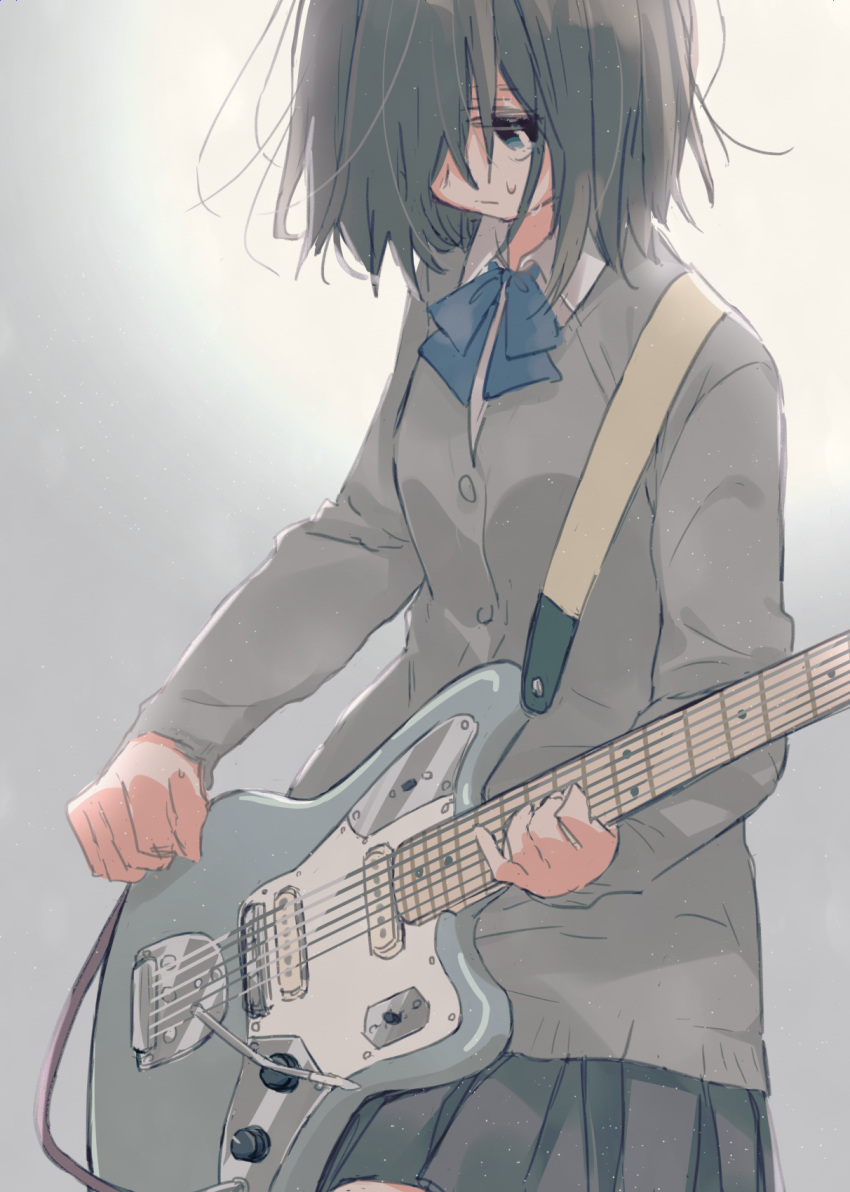 1girl, bangs, black_neckwear, black_skirt, blue_bow, bob_cut, bow, bowtie, cardigan, commentary, cowboy_shot, dress_shirt, electric_guitar, fender_jaguar, gradient, gradient_background, green_eyes, grey_background, grey_cardigan, guitar, hair_over_one_eye, hair_strand, highres, holding, holding_instrument, instrument, looking_down, matsuda_hikari, messy_hair, music, original, playing_instrument, pleated_skirt, school_uniform, shirt, short_hair, skirt, solo, strap, sweat, white_shirt
