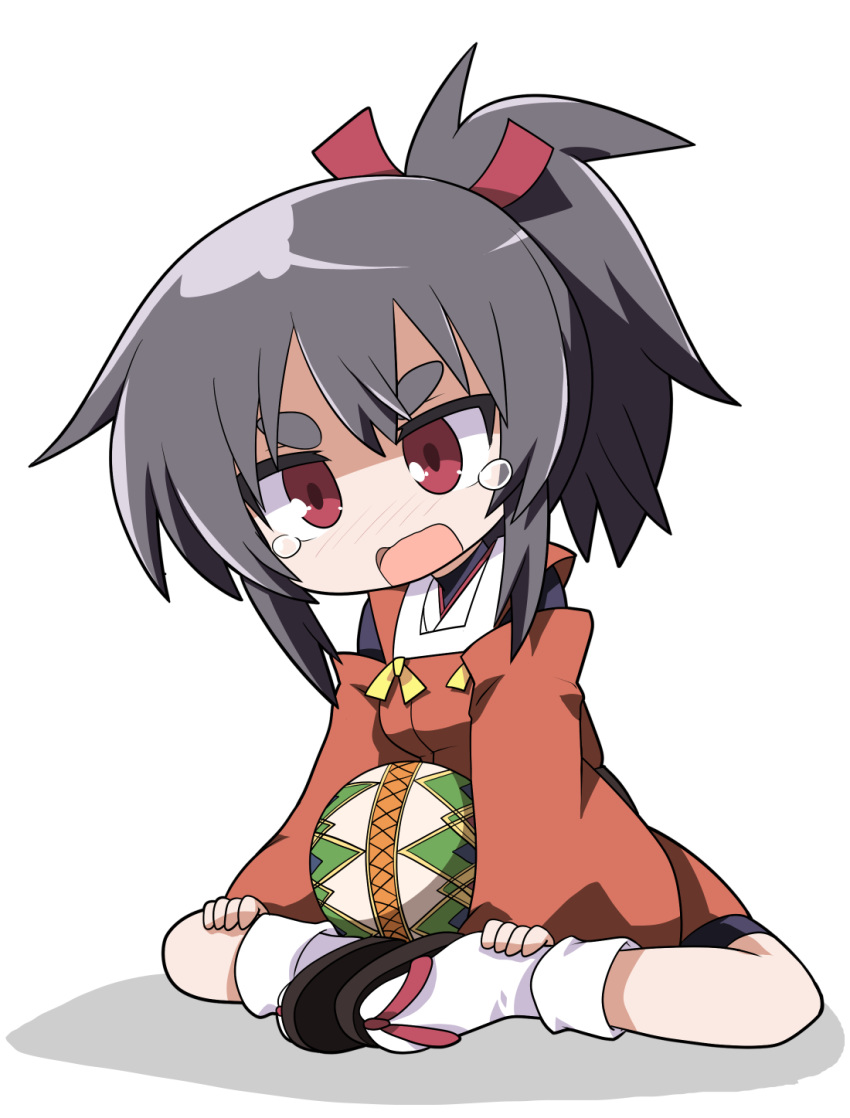 1girl, ball, bangs, black_footwear, black_hair, blush, chibi, commentary_request