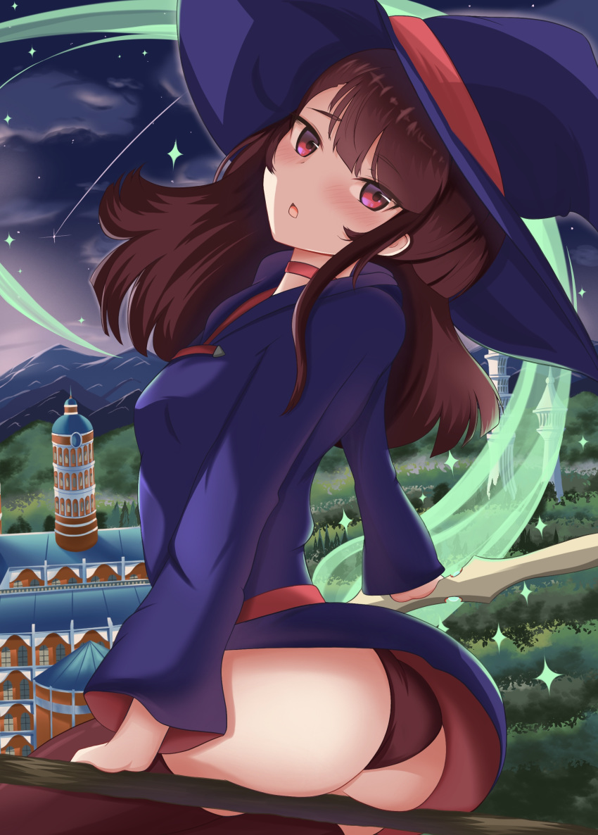 1girl, absurdres, ass, bangs, blush, broom, broom_riding, brown_hair