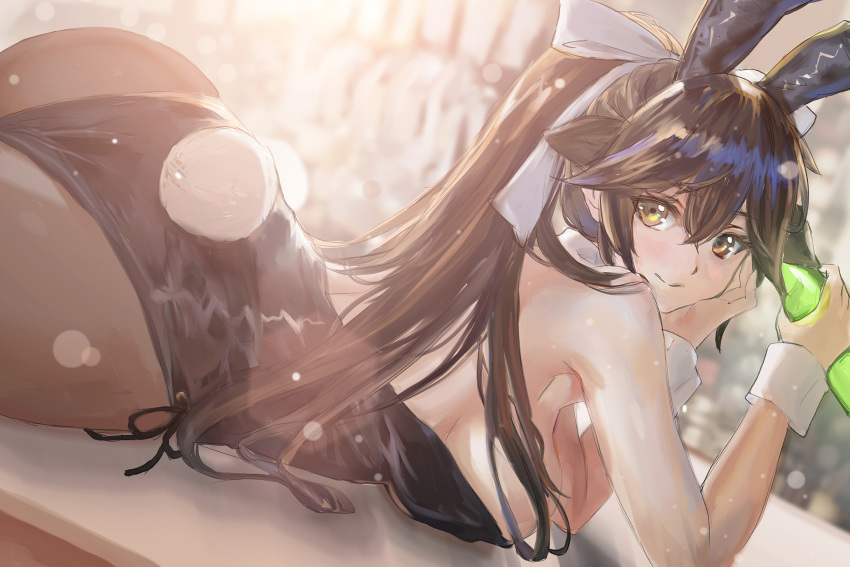 1girl, alternate_costume, animal_ears, ass, azur_lane, bare_shoulders, black_hair, blush, bottle, bow, breasts, brown_eyes, bunny_girl, bunny_tail, bunnysuit, commentary_request, detached_collar, eyebrows_visible_through_hair, fake_animal_ears, hair_bow, hair_flaps, hair_ornament, highres, holding, holding_bottle, large_breasts, leotard, long_hair, looking_at_viewer, lying, on_stomach, pantyhose, ponytail, rabbit_ears, revision, ribbon, rosie99, smile, solo, tail, takao_(azur_lane), very_long_hair, white_bow, wrist_cuffs