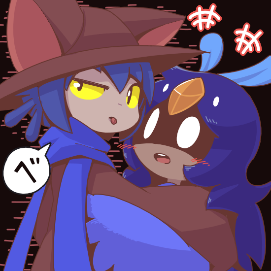 1girl, 1other, alula_(oneshot), androgynous, animal_hat, black_background, blue_feathers, blue_hair, blue_scarf, blush, cat_hat, commentary_request, crepix, hair_between_eyes, hat, niko_(oneshot), nyanbinary, oneshot_(game), open_mouth, scarf, simple_background, sleeves_past_wrists, slit_pupils, tongue, tongue_out, wings, yellow_sclera