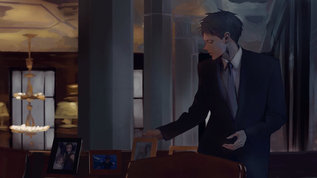 1boy, black_hair, black_suit, chair, chandelier, column, formal, grey_neckwear