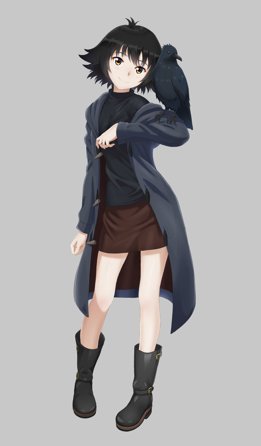 1girl, absurdres, animal_on_arm, bird, bird_on_arm, black_footwear, black_hair, black_shirt
