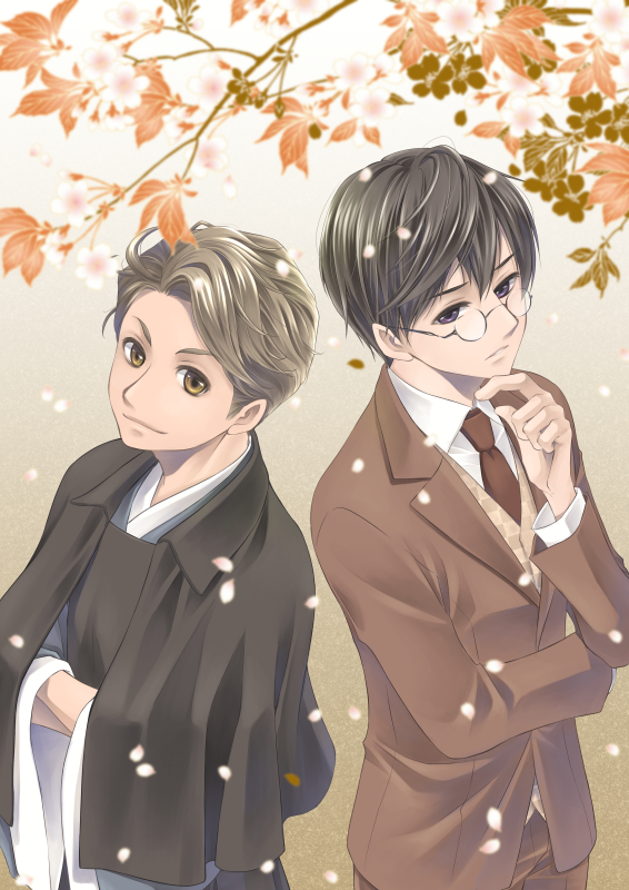 2boys, black_eyes, black_hair, black_kimono, brown_eyes, brown_neckwear, brown_pants, brown_suit