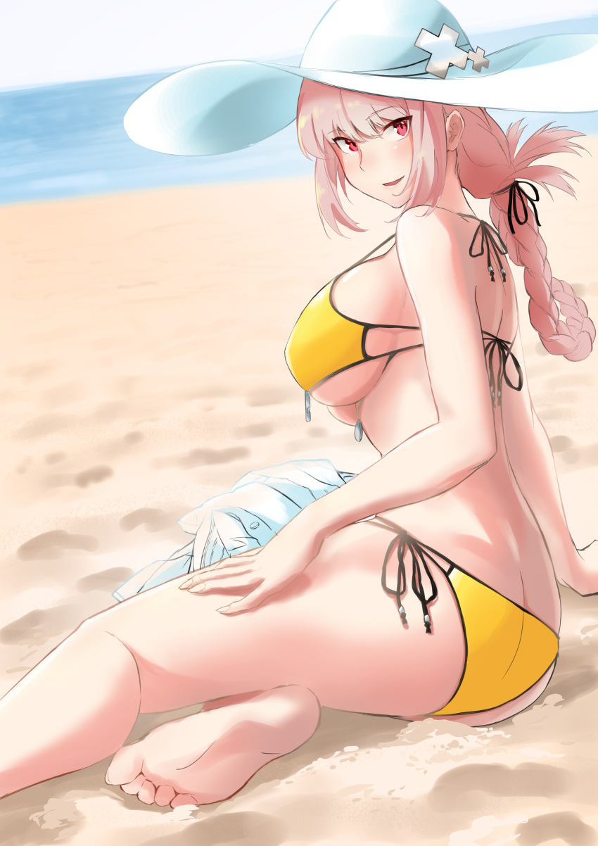 1girl, absurdres, artist_request, ass, back, bangs, bare_shoulders, barefoot