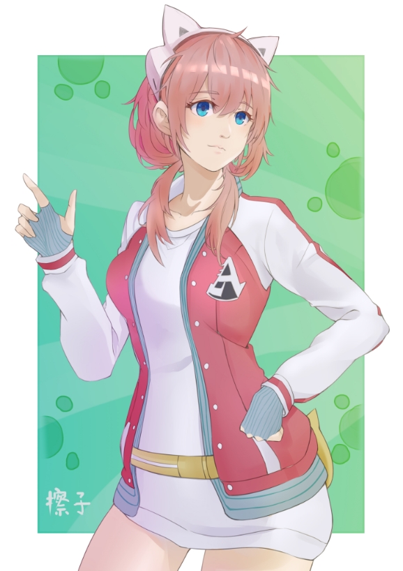 1girl, ai:_the_somnium_files, ai_the_somnium_files, blue_eyes, brown_hair, ca_zi, fingerless_gloves, gloves, green_background, hair_between_eyes, jacket, long_hair, looking_at_viewer, red_jacket, sagan_iris, simple_background, solo, standing