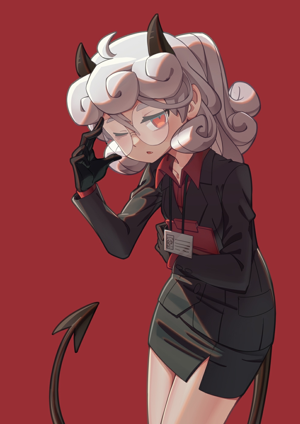 14mango, 1girl, adjusting_eyewear, black_gloves, black_skirt, black_suit, business_suit, curly_hair, demon, demon_girl, demon_horns, formal, glasses, gloves, helltaker, highres, holding, horns, looking_at_viewer, pandemonica_(helltaker), pencil_skirt, ponytail, red_background, red_eyes, red_shirt, shirt, skirt, solo, suit, tail, white_hair