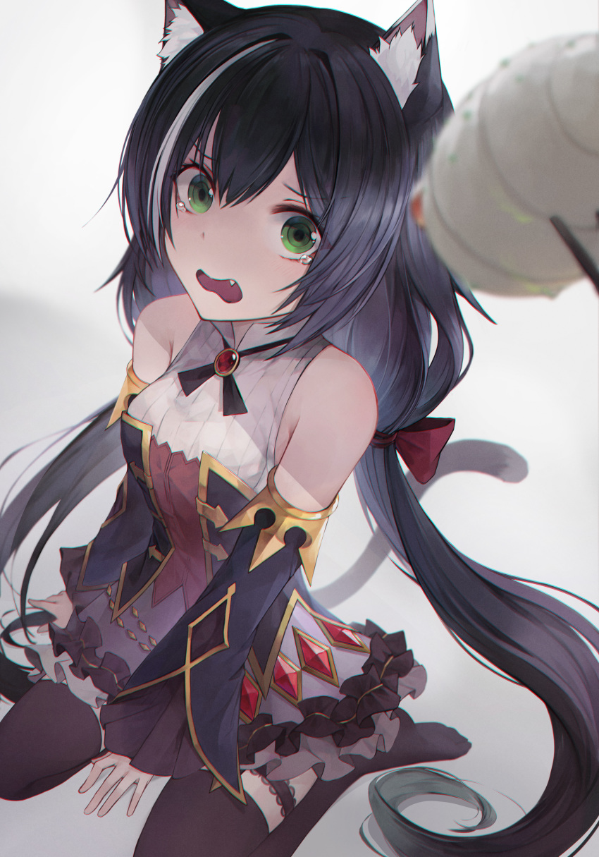absurdres, animal_ears, arm_at_side, bangs, bare_shoulders, between_legs, black_hair, black_legwear