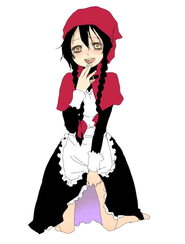 apron, apron_lift, bad_id, black_hair, braid, braided_hair, crazy_eyes, dress