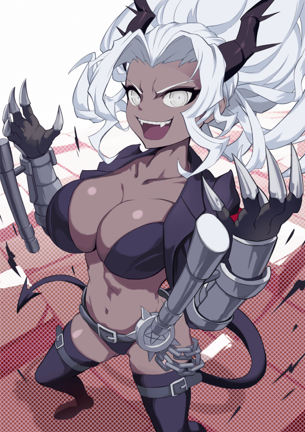 1girl, :d, bikini, black_bikini, black_horns, black_jacket, black_legwear, breasts