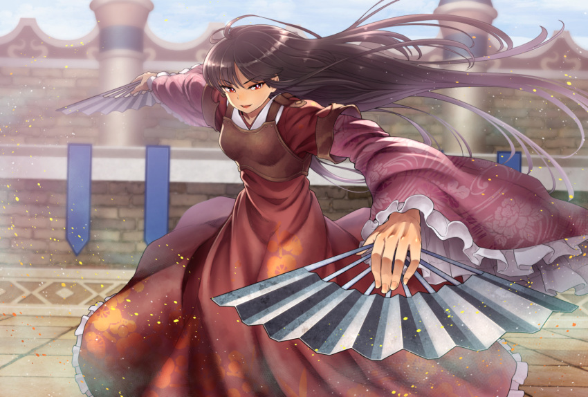 1girl, armor, black_hair, blurry, blurry_background, chiaki_rakutarou, dual_wielding, fan