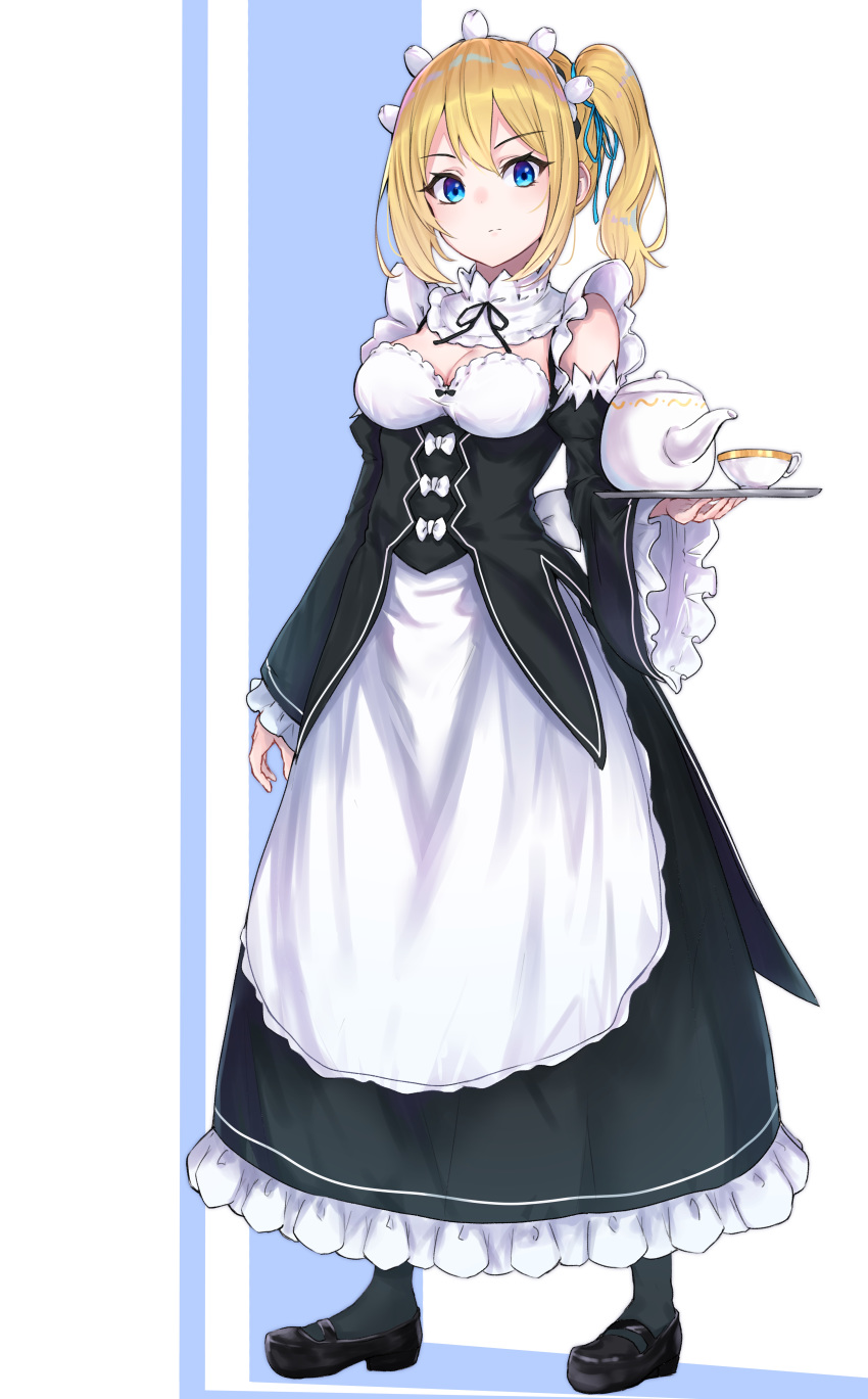1girl, absurdres, alternate_costume, bangs, bare_shoulders, black_footwear, black_ribbon, blonde_hair