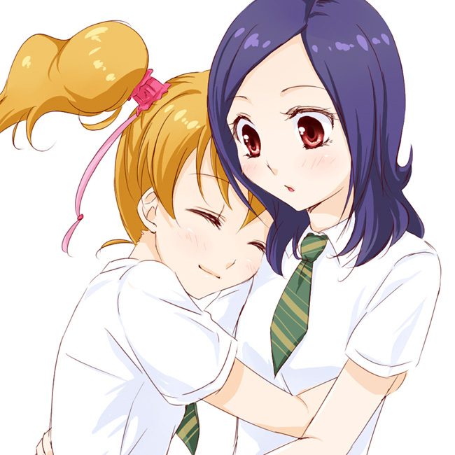 2girls, bangs, blonde_hair, blue_hair, closed_eyes, closed_mouth, collared_shirt, dress_shirt