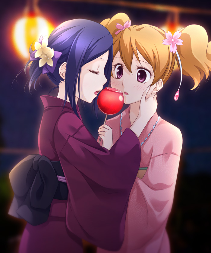 2girls, bangs, blonde_hair, blue_hair, blurry, blurry_background, blush, candy_apple