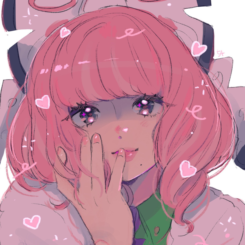 1girl, 43_pon, bangs, bow, closed_mouth, commentary, finger_to_mouth, fur_coat