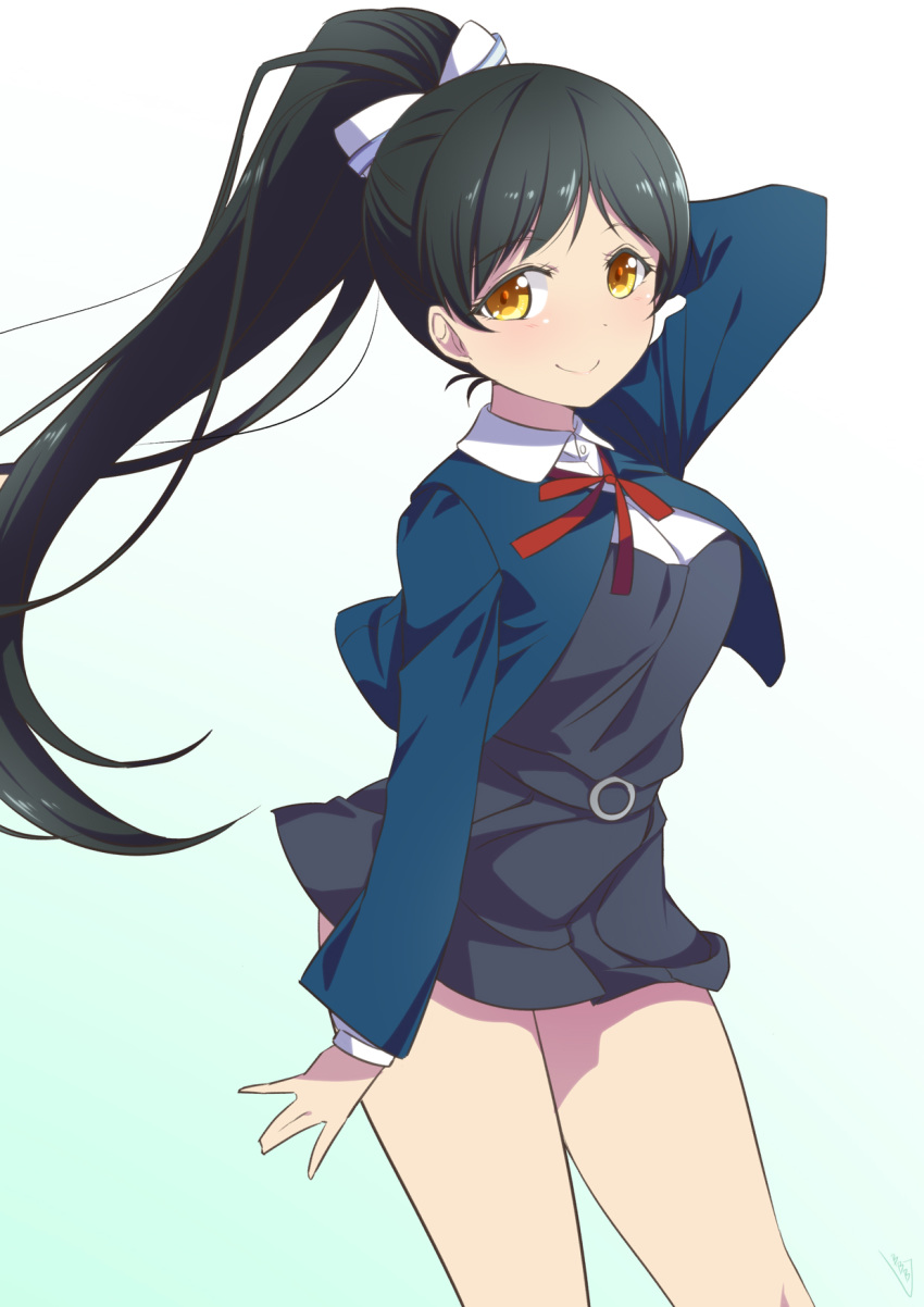 1girl, arm_behind_head, arm_up, bangs, black_dress, black_hair, blue_jacket, blush