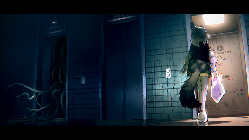 1girl, absurdres, animal_ears, arai-san_mansion, bag, elevator, grocery_bag, hallway