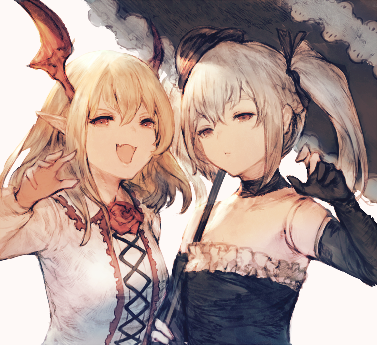 2girls, :d, black_choker, black_gloves, black_hairband, blonde_hair, bowler_hat, choker
