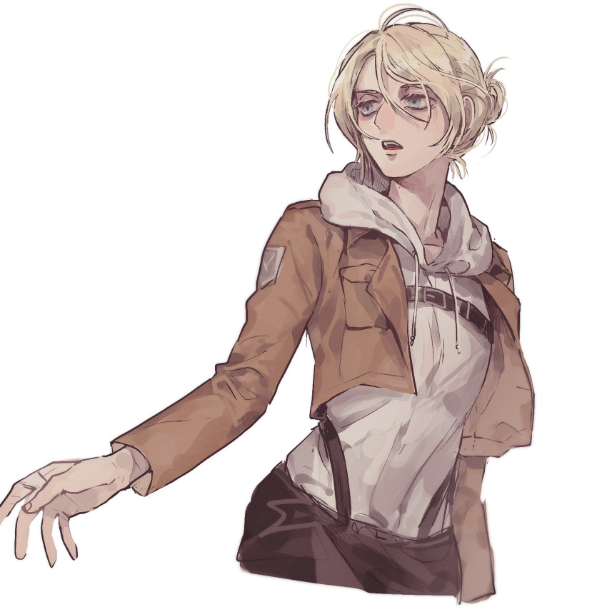 1girl, annie_leonhardt, belt, blonde_hair, blue_eyes, emblem, half-closed_eyes, highres