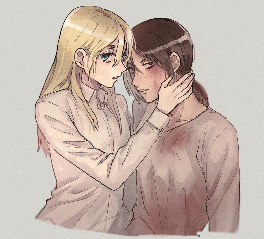2girls, black_hair, blonde_hair, blood, blood_on_face, blood_stain, blue_eyes, brown_eyes