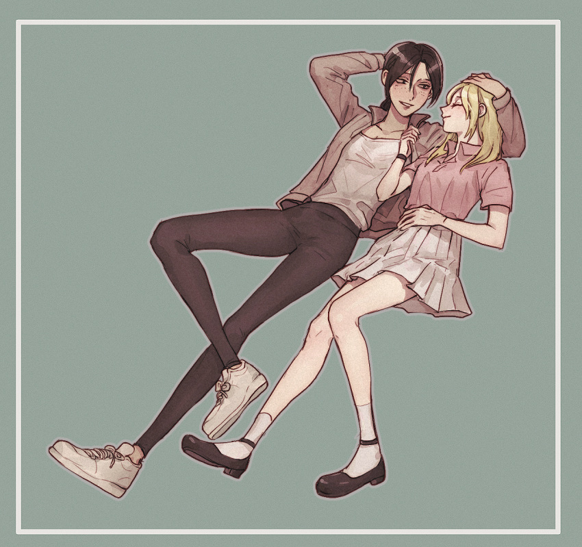 2girls, ^_^, alternate_costume, black_hair, blonde_hair, brown_hair, brown_jacket, christa_renz