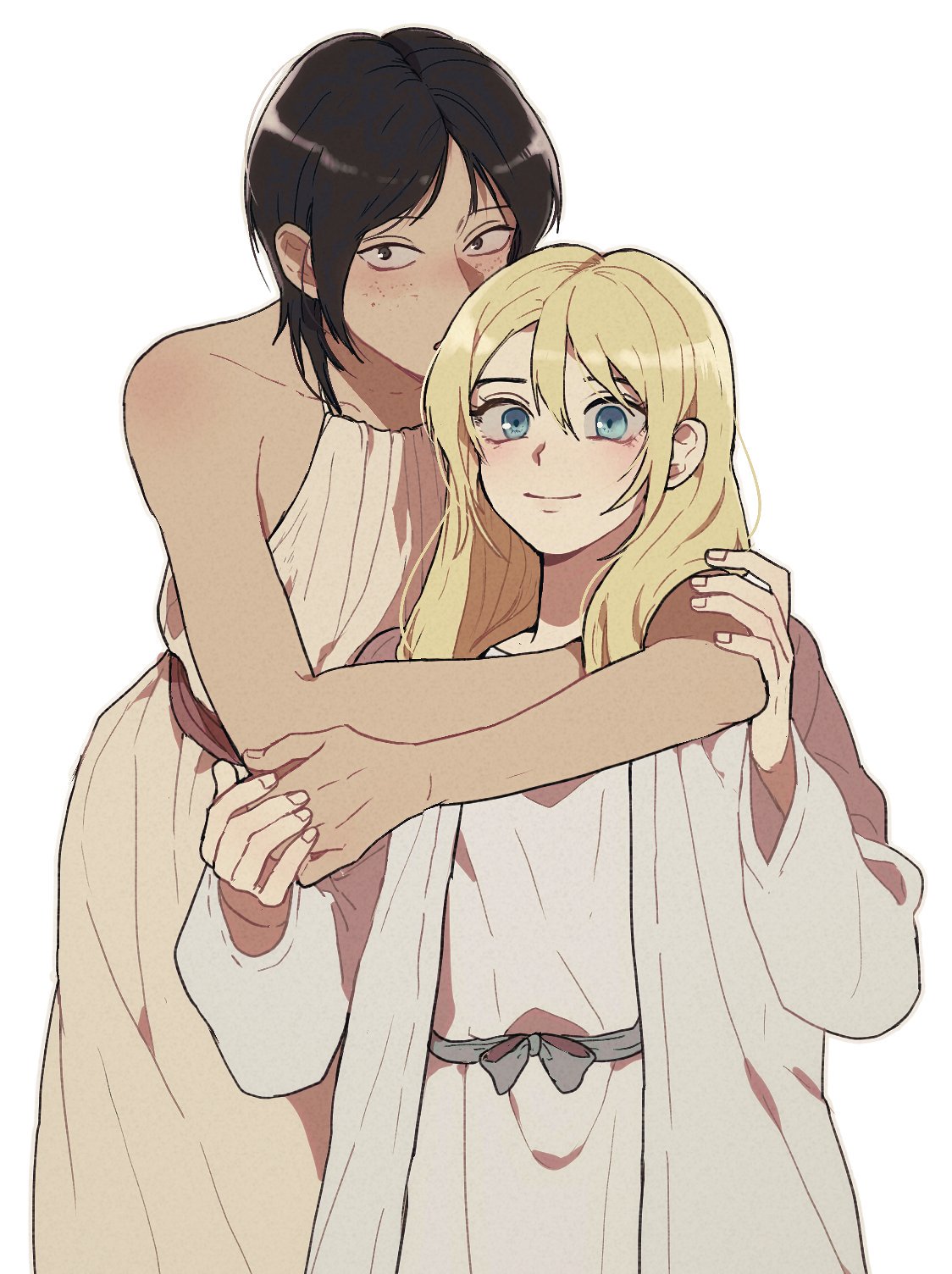 2girls, backless_dress, backless_outfit, black_hair, blonde_hair, blue_eyes, blush, brown_hair, christa_renz, dress, freckles, hair_between_eyes, happy, height_difference, highres, hug, hug_from_behind, jacket, long_hair, looking_at_viewer, medium_hair, multiple_girls, pi0w0pi, shingeki_no_kyojin, short_hair, smile, ymir_(shingeki_no_kyojin), younger, yuri
