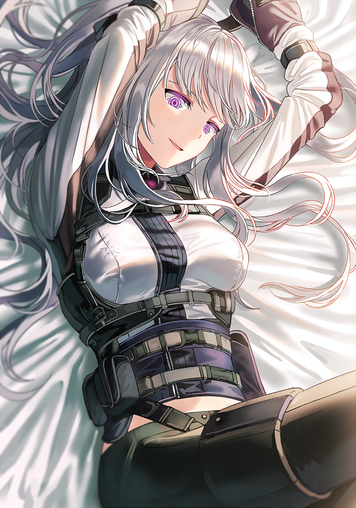 1girl, ak-12_(girls_frontline), ammunition_pouch, arms_up, artificial_eyes, bangs, bed_sheet, black_pants