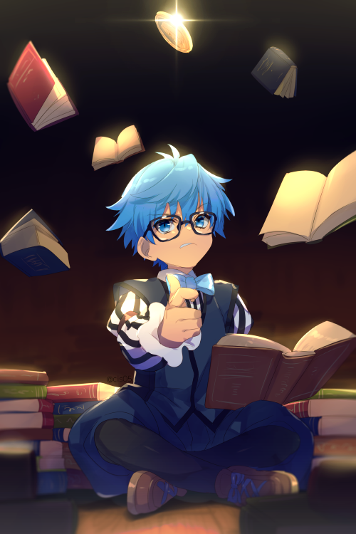 1boy, bangs, blue_eyes, blue_hair, book, book_on_lap, bow, bowtie