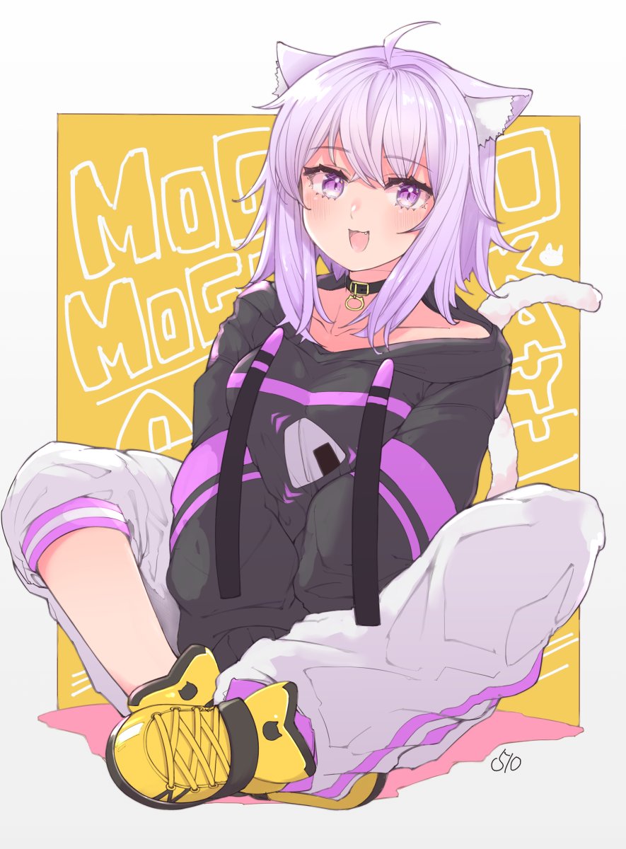 1girl, 510ksk, ahoge, animal_ear_fluff, animal_ears, bangs, black_collar, black_hoodie, blush, breasts, cat_ears, cat_girl, cat_tail, collar, collarbone, hair_between_eyes, highres, hololive, hood, hoodie, large_breasts, long_sleeves, looking_at_viewer, nekomata_okayu, open_mouth, pants, purple_hair, shoes, short_hair, signature, simple_background, sleeves_past_fingers, sleeves_past_wrists, smile, sneakers, solo, tail, violet_eyes, virtual_youtuber, white_pants, yellow_background, yellow_footwear