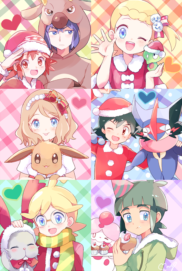 >_o, 3girls, 4boys, :d, ;d, alan_(pokemon), animal_costume, arm_around_shoulder, ash-greninja, black_hair, blonde_hair, blue_eyes, blush, bond_phenomenon_(pokemon), bow, brown_eyes, brown_hair, bunnelby, christmas, citron_(pokemon), cosplay, cupcake, dark_skin, dark_skinned_male, drawstring, eating, eevee, eureka_(pokemon), food, frown, gen_1_pokemon, gen_2_pokemon, gen_5_pokemon, gen_6_pokemon, glasses, green_hair, green_hoodie, hair_bow, hat, hatted_pokemon, heart, holding, holding_cake, holding_pokemon, holding_tray, hood, hoodie, legendary_pokemon, looking_at_viewer, manon_(pokemon), medium_hair, mei_(maysroom), multiple_boys, multiple_girls, one_eye_closed, open_mouth, party_hat, petting, pokemon, pokemon_(anime), pokemon_(creature), pokemon_xy_(anime), puni_(pokemon), purple_hair, red_eyes, redhead, reindeer_costume, salute, santa_costume, santa_dress, santa_hat, satoshi_(pokemon), scarf, serena_(pokemon), short_hair, shouta_(pokemon), side_ponytail, signature, slurpuff, smile, stantler, stantler_(cosplay), striped, striped_scarf, tongue, tongue_out, tray, upper_teeth, vanillite, waving, zygarde, zygarde_core