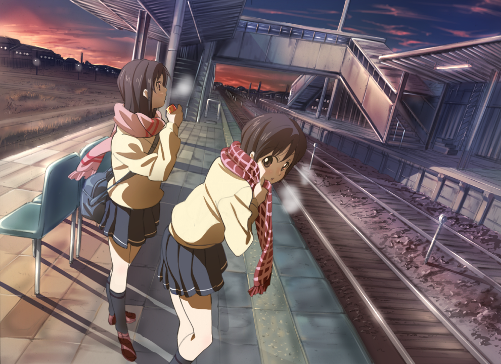 brown_eyes, brown_hair, cold, long_hair, night, p.k., railroad_tracks, rails