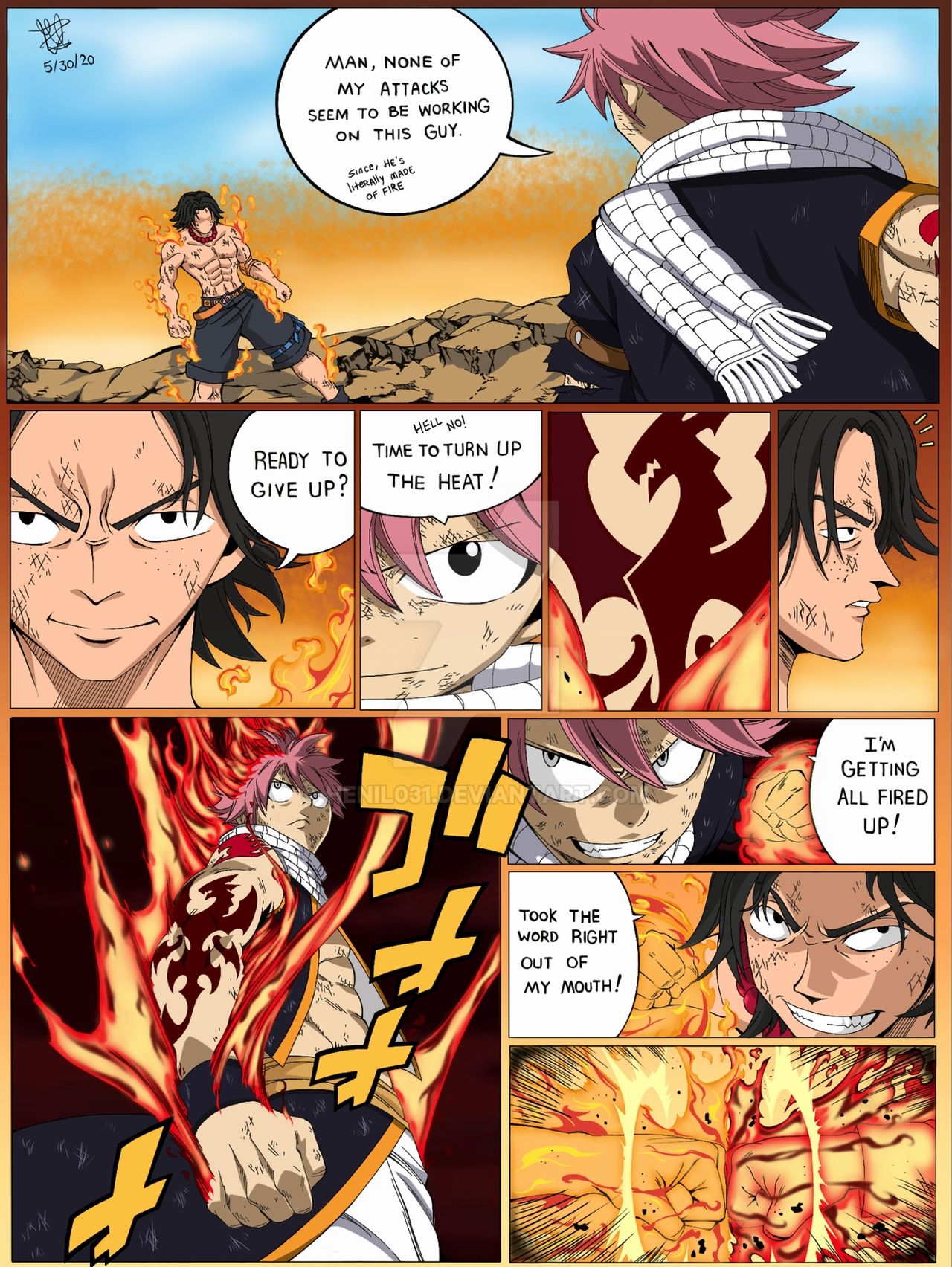 2boys, bare_shoulders, black_hair, clash, clenched_hands, crossover, fairy_tail, fighting