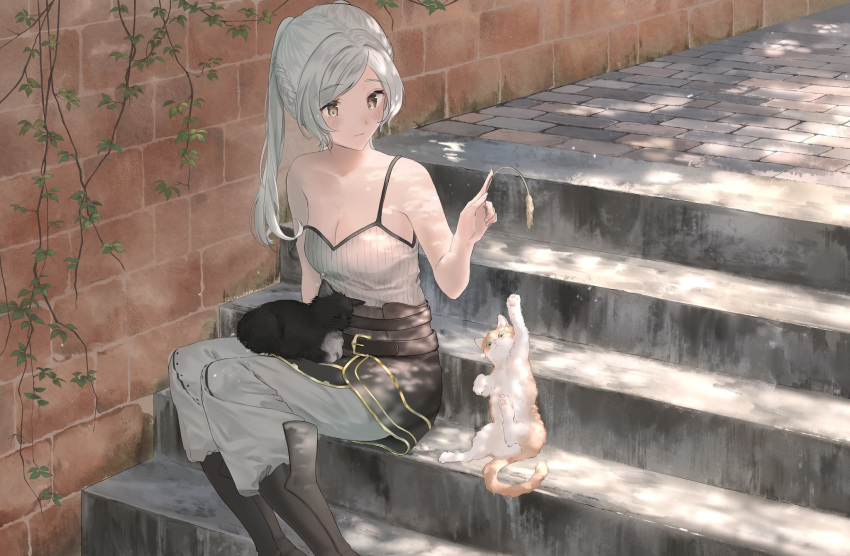 1girl, 2others, animal, blush, boots, breasts, cat, cute