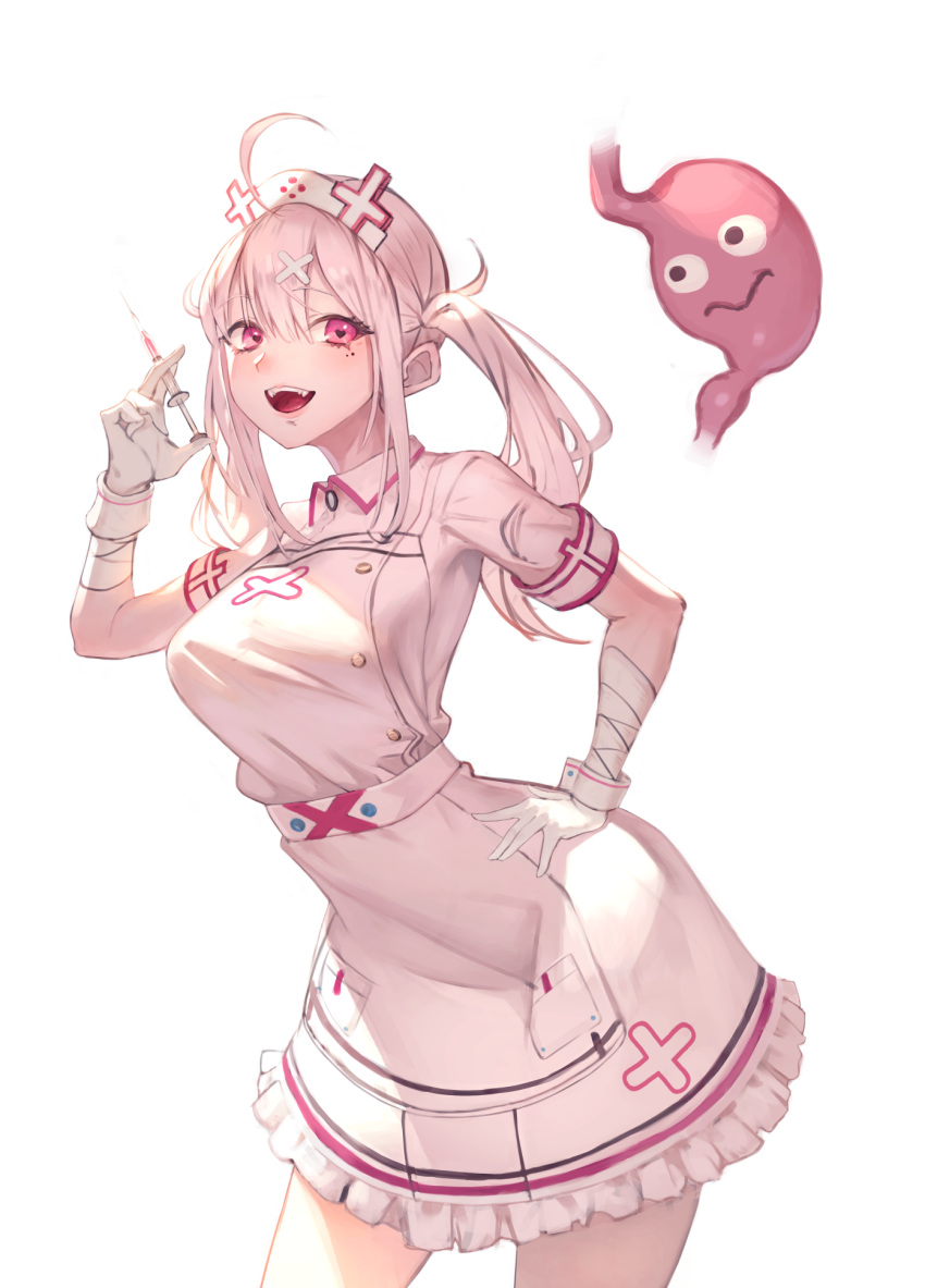 1girl, ahoge, bandaged_arm, bandages, blush, breasts, cross, frills, gloves, hair_between_eyes, hair_ornament, hand_on_hip, hat, heart, heart-shaped_pupils, highres, holding, holding_syringe, instrument, liver, moco_(moco_28), mole, mole_under_eye, nijisanji, nurse, nurse_cap, open_mouth, organ, pink_eyes, pink_hair, simple_background, sleeves_rolled_up, smile, solo, sukoya_kana, symbol-shaped_pupils, syringe, teeth, tongue, upper_teeth, white_background, white_gloves