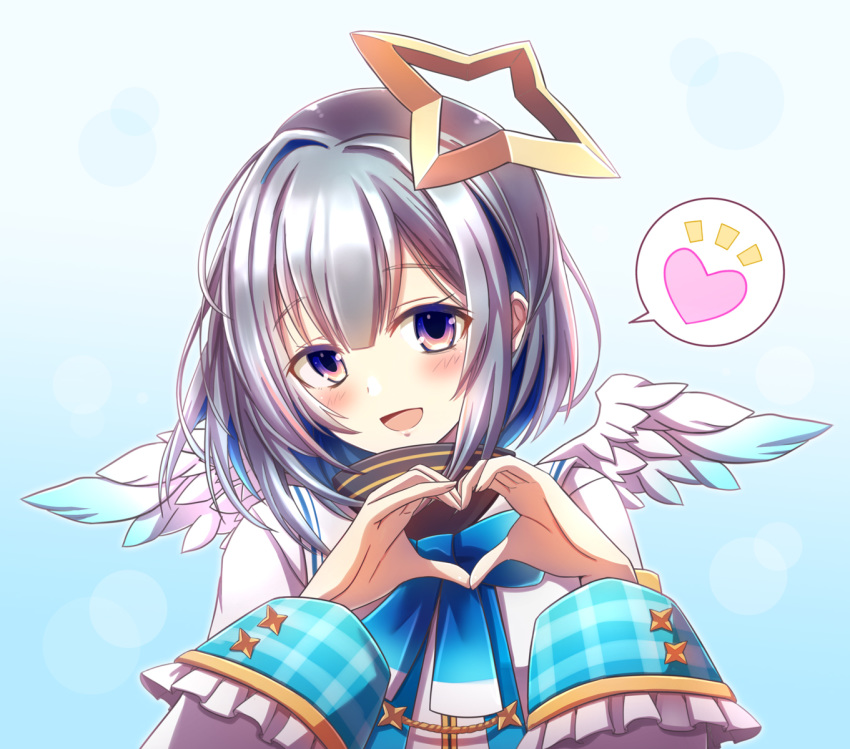1girl, :d, amane_kanata, angel_wings, blue_hair, blush, commentary_request, eyebrows_visible_through_hair