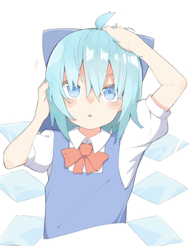 1girl, ahoge, aqua_hair, blue_bow, blue_dress, blue_eyes, bow, cirno