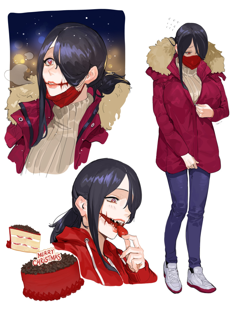 1girl, absurdres, black_hair, breasts, cake, christmas_cake, coat, denim, eating, food, fruit, full_body, fur-trimmed_coat, fur_trim, glasgow_smile, hair_over_one_eye, highres, jeans, kuchisake-onna, large_breasts, long_hair, multiple_views, original, pants, red_eyes, sohn_woohyoung, strawberry, winter_clothes, winter_coat, zipping