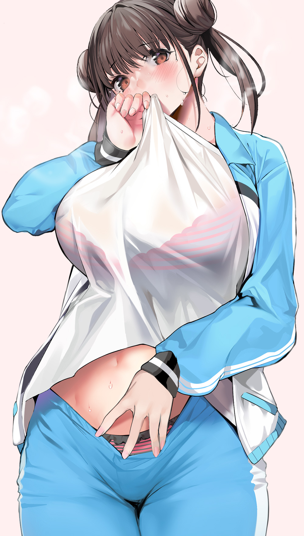 1girl, bangs, blue_jacket, blue_pants, blush, bra, breasts, brown_eyes