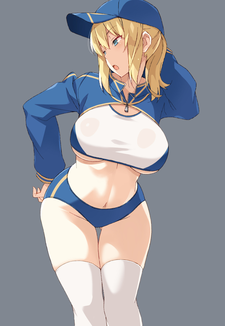 1girl, arm_behind_head, artoria_pendragon_(all), baseball_cap, blonde_hair, blue_eyes, blue_headwear, blue_shorts